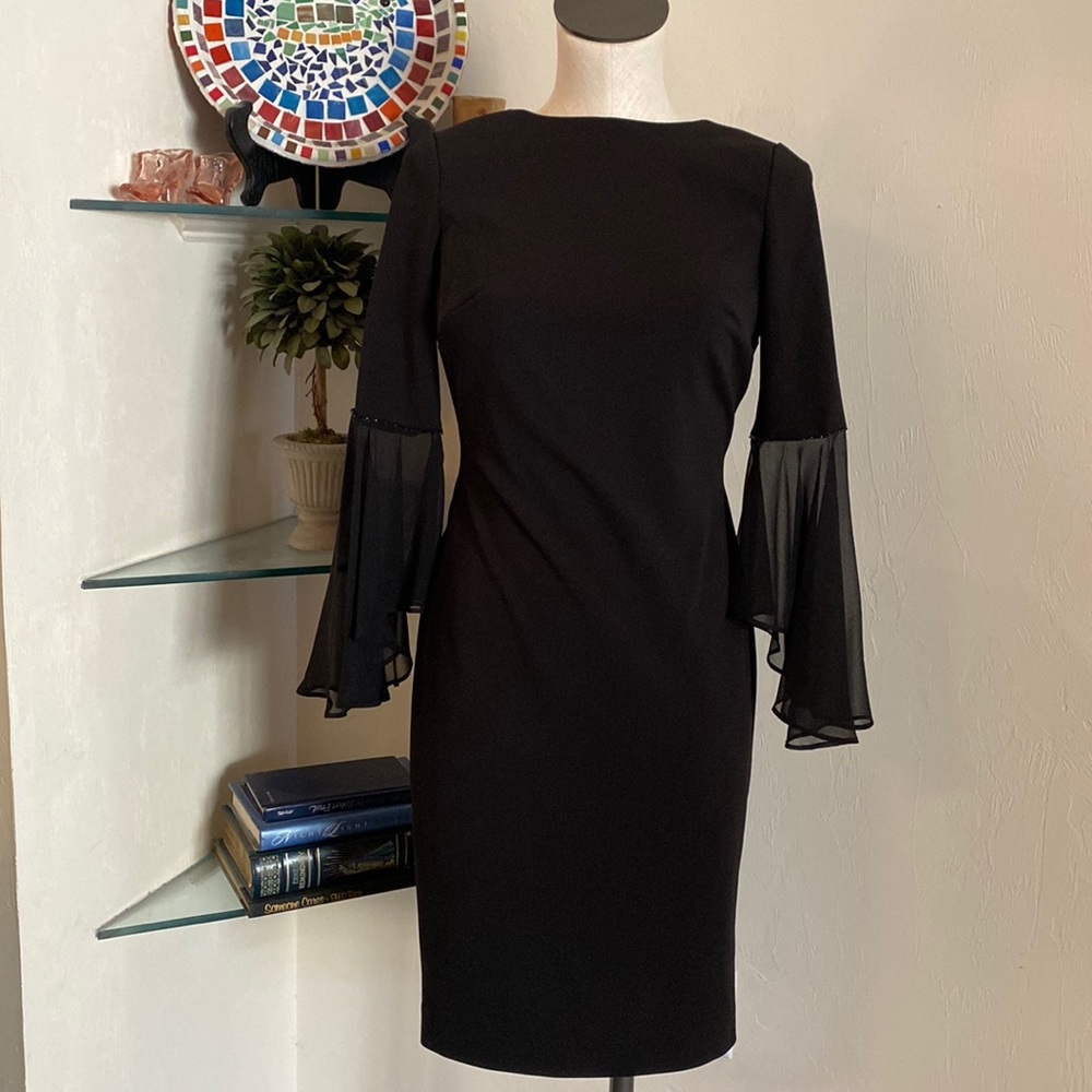 NWT Donna Karan New York Black Dress Sheer Bell Sleeves Size 2